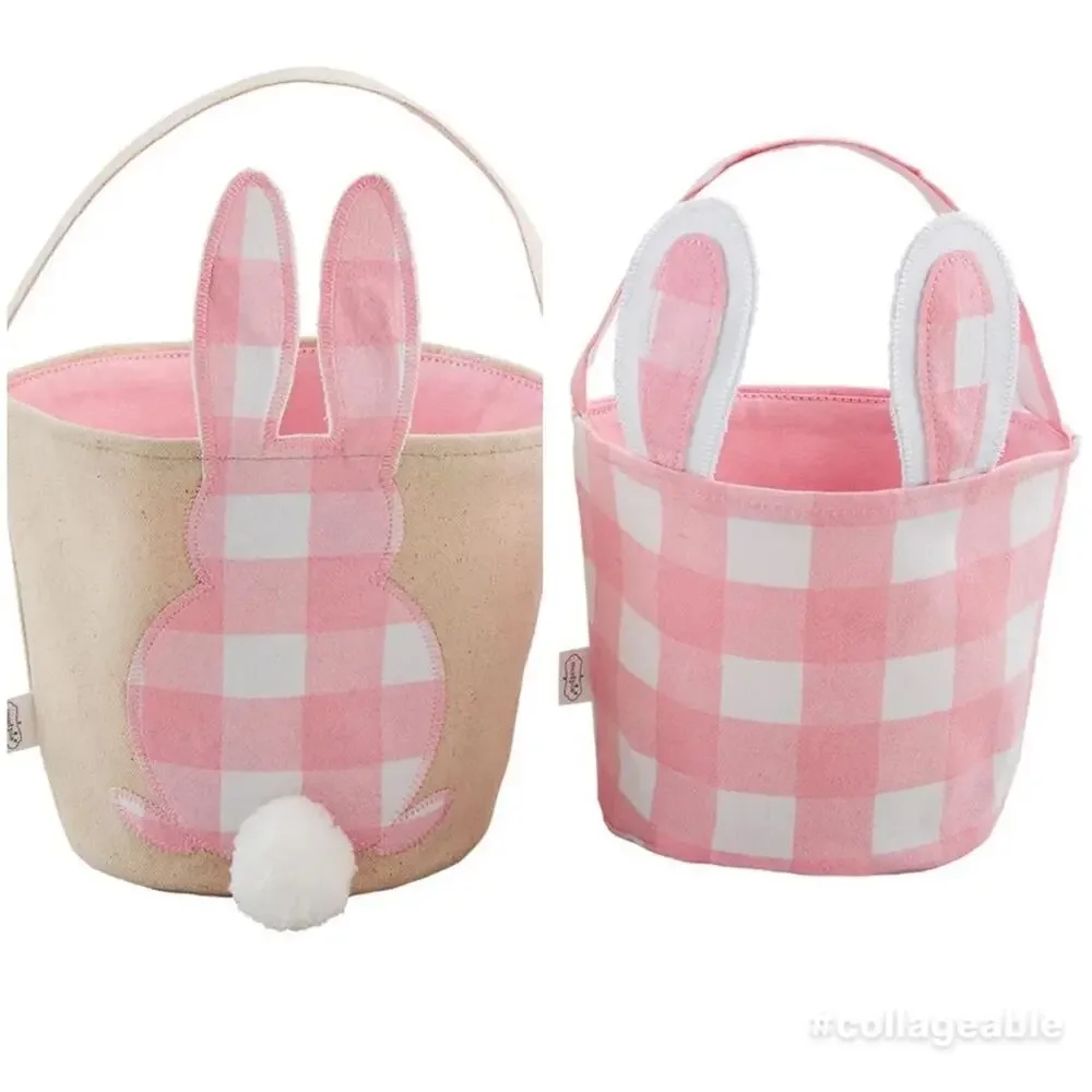 2 pc Mud Pie Pink Check Bunny Baskets Bunny Tail Canvas and Bunny Ears Pink Che